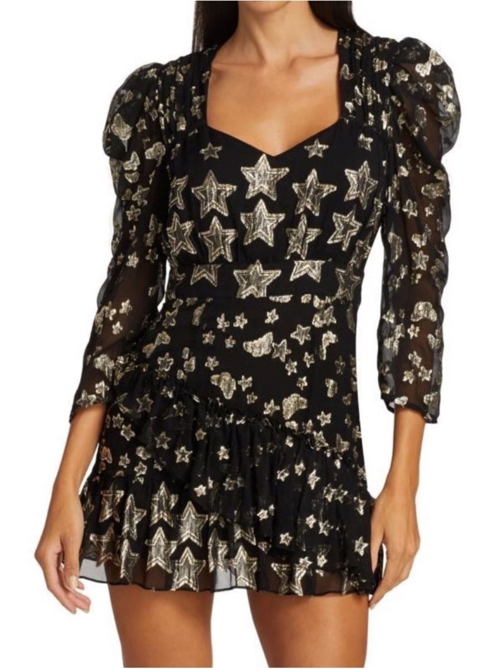 LoveShackFancy Caden Dress 0 Black Gold Metallic Star Silk Puff Sleeve Mini NYE